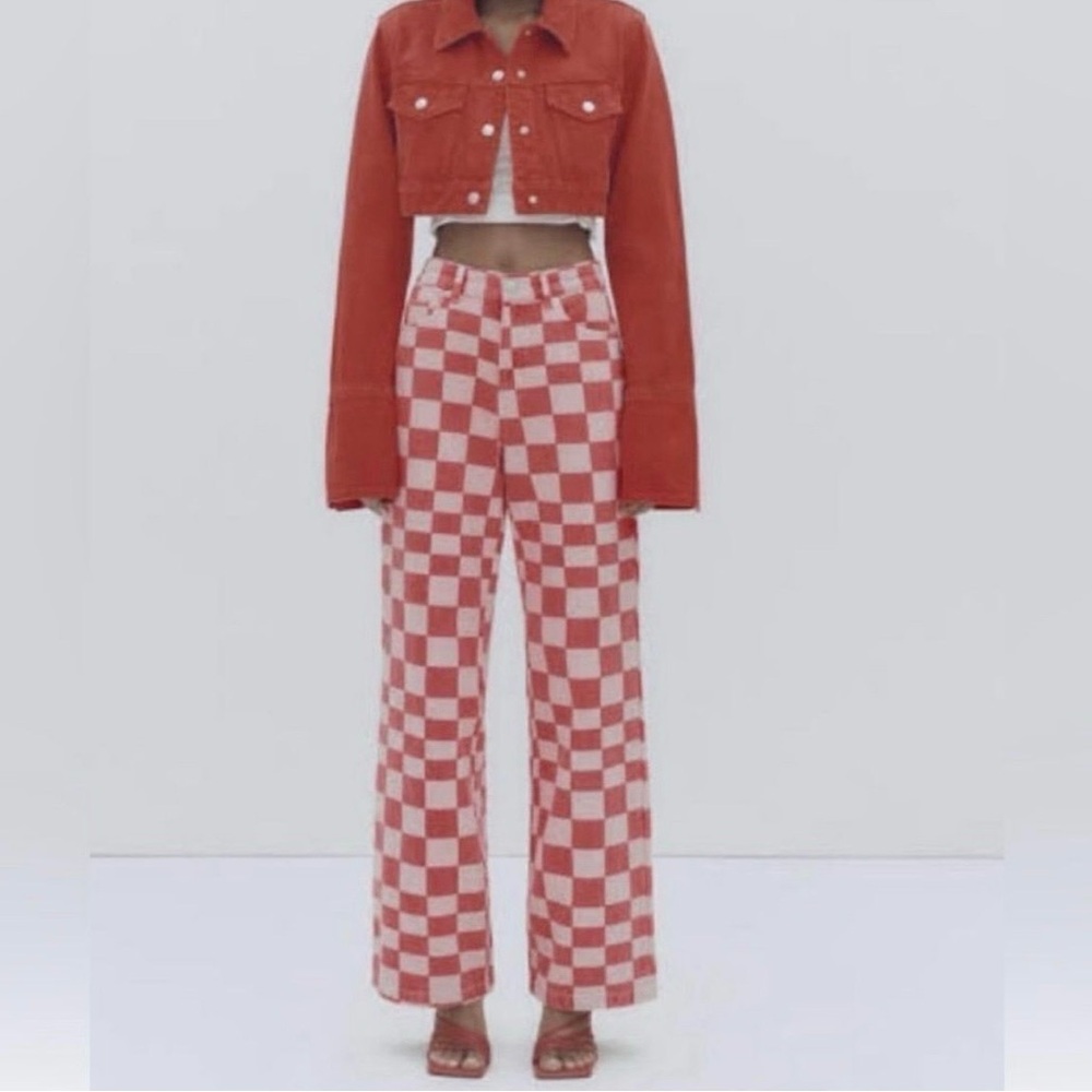 Zara Red & White Checkered Wide-Leg Pants - size 6